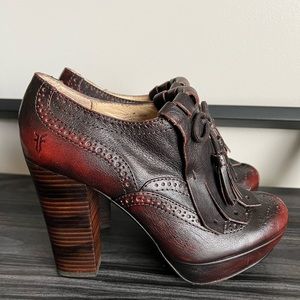 Frye Naiya Kiltie Brown Leather Platform Loafers Heels Shoes Pumps